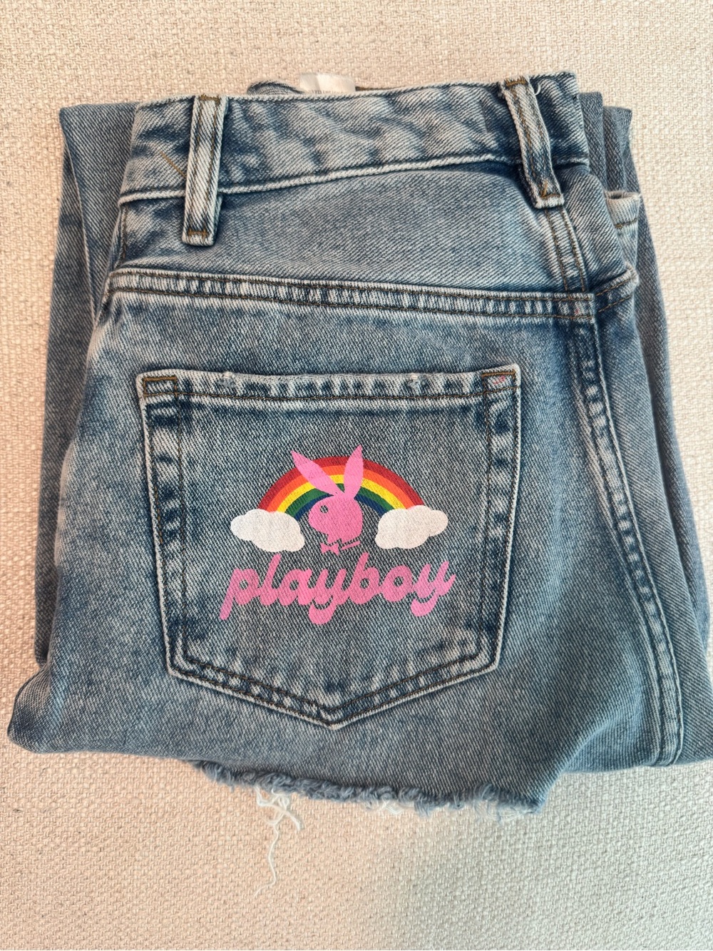 Pacsun x PLAYBOY Light Blue Boyfriend Jeans with Pink Logo & Rainbow Detail